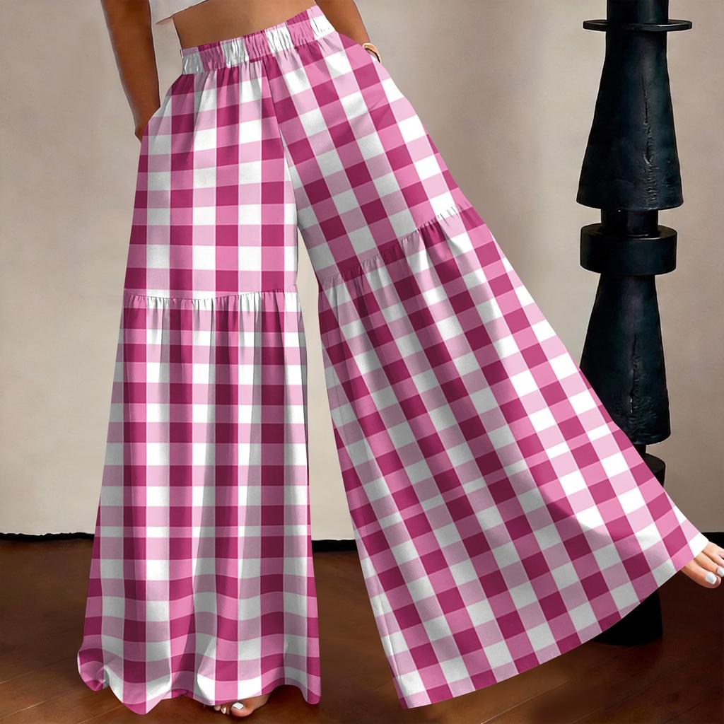 Women's High Waist Wide Leg Pants Loose Fit Lightweight Plaid Print Casual Trousers with Elastic Waistband Comfortable Fit