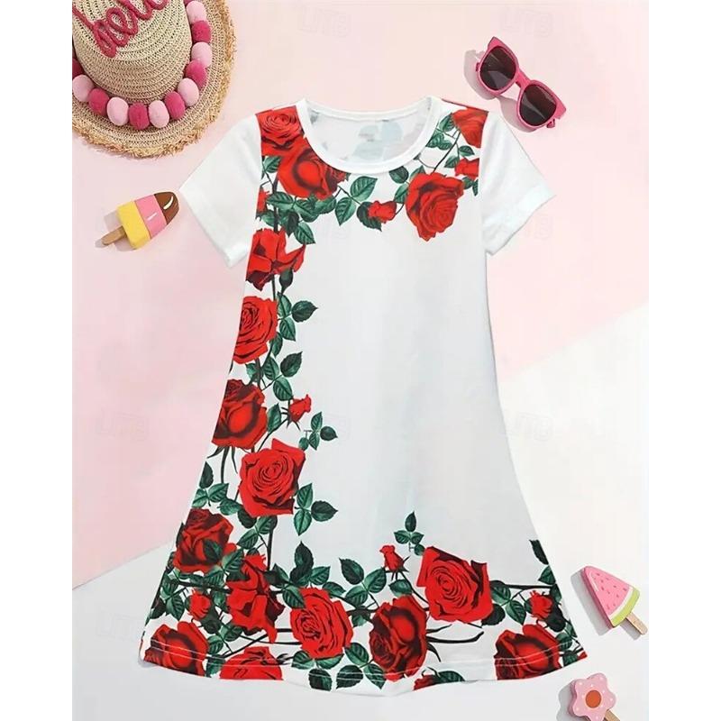 Easter Girls' 3D Floral Graphic Dress Short Sleeve Summer Spring Vacation