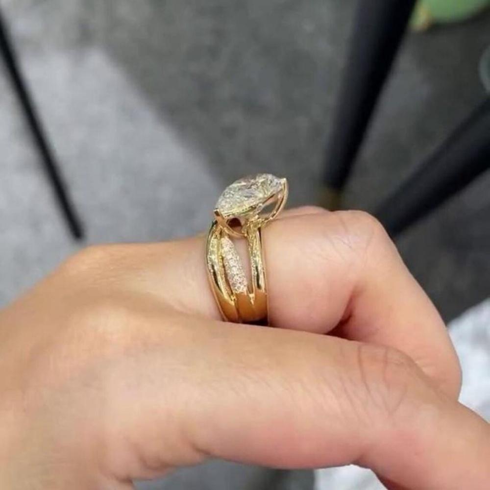 Luxury Female White Zircon Big Stone Engagement Skeleton Water Drop Ring Vintage Gold Color Wedding Fashion Jewelry For Women