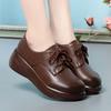 Spring New Slope Heel Leather Small Single Shoes Women's First Layer Cowhide Casual Lace-up Round Head Loafers Platform Mother Shoes