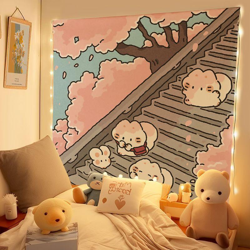 Cartoon Cloud Stall Hand-Painted Tapestry, Charming Wall Hanging Background Cloth for Whimsical Living Room Aesthetic