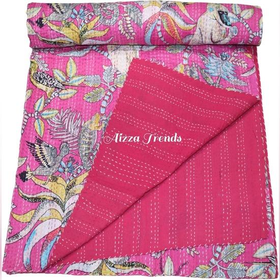 Aizza Trends Handmade Pure Cotton Monkey Print Kantha Quilt  - Traditional Look Bed Spread Kantha Gudri - Vintage Hand Stitch Gudri