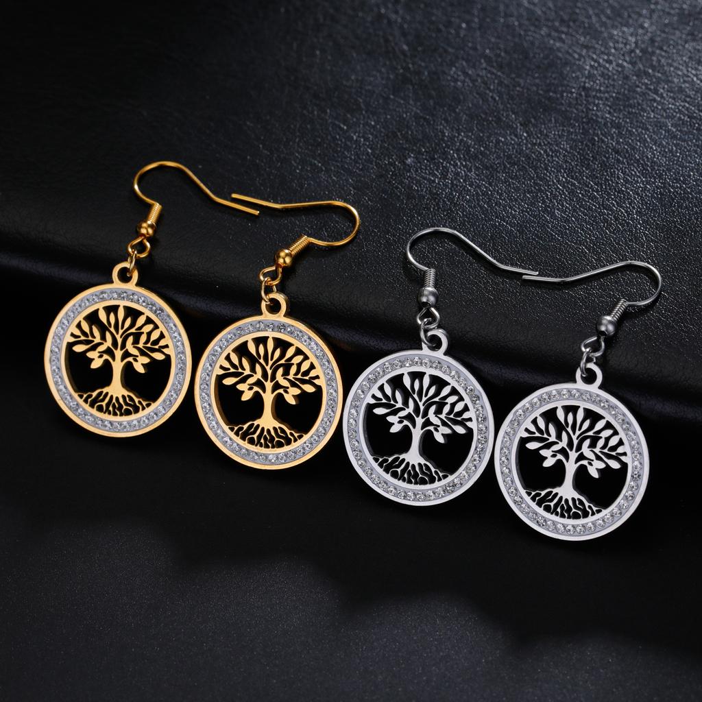 Tree of Life Women's Earrings Stainless Steel Gold Clear Zircon Round Pendant Dangle Earring Amulet Jewelry Gift