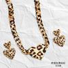 Fashion Leopard Print Peach Heart Necklace Earrings Jewelry Set Retro Sweet Personality