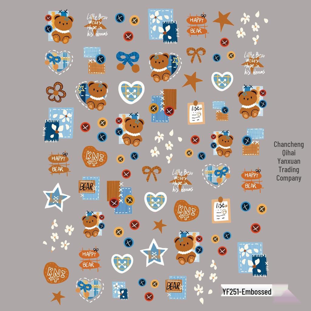 Patchwork Bear & Dora Adhesive Nail Stickers with Cute Heart and Camera Designs