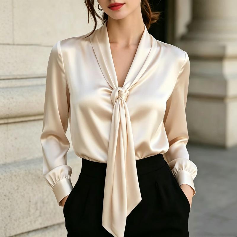 Satin-finish Ribbon Shirt, V-neck, Knotted, Long-sleeved, Formal Work Shirt for Women