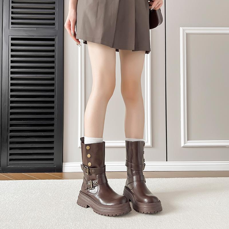 Thick-soled Maillard medium tube short boots women's 2025 autumn and winter new British style retro brown thick heel two wear Martin boots