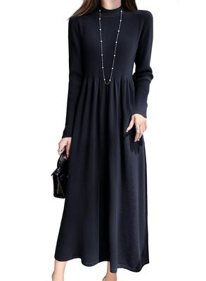 Yino Knit Midi Long High Slim Everyday Women's Dress, Sleeves, Flared, Waist, Fit, Stretchy, Slimming, Figure-Flattering, Warm, Cute, Stylish, Wear,
