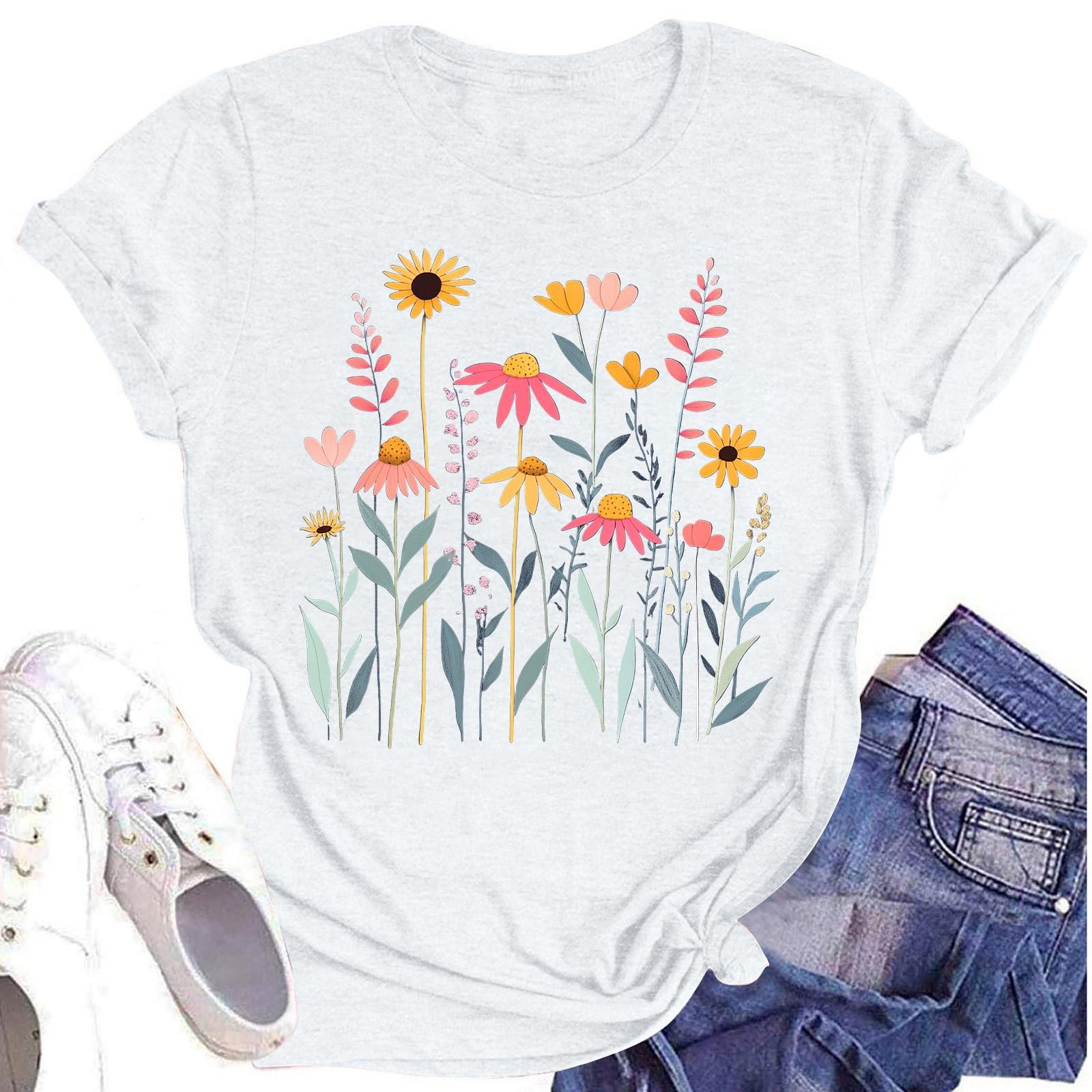 

Женская повседневная футболка с круглым вырезом и цветочным принтом, короткий рукав XL белый