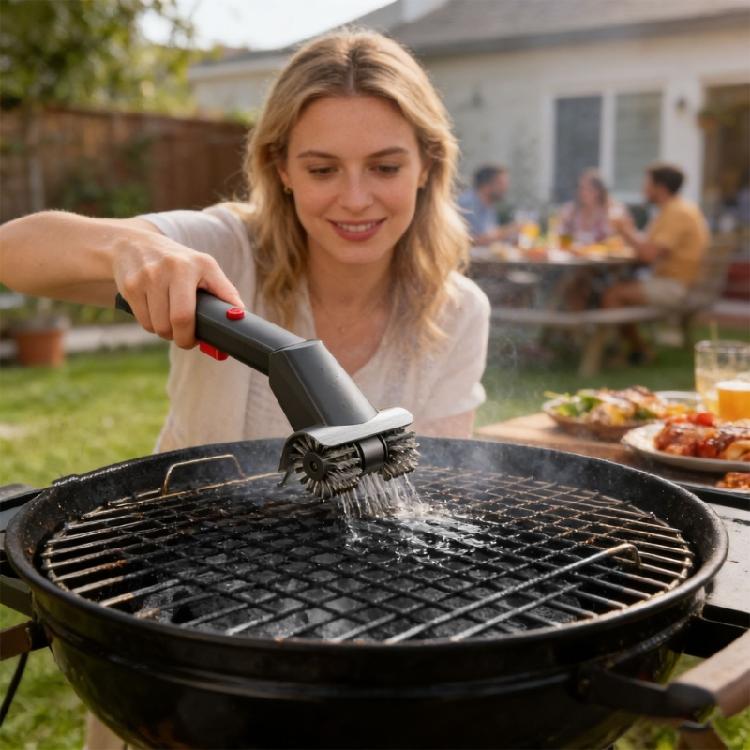 Wiederaufladbare Grillbürste mit Schnellaktion und hitzebeständigem Stahlkopf für multiple Kochansätze