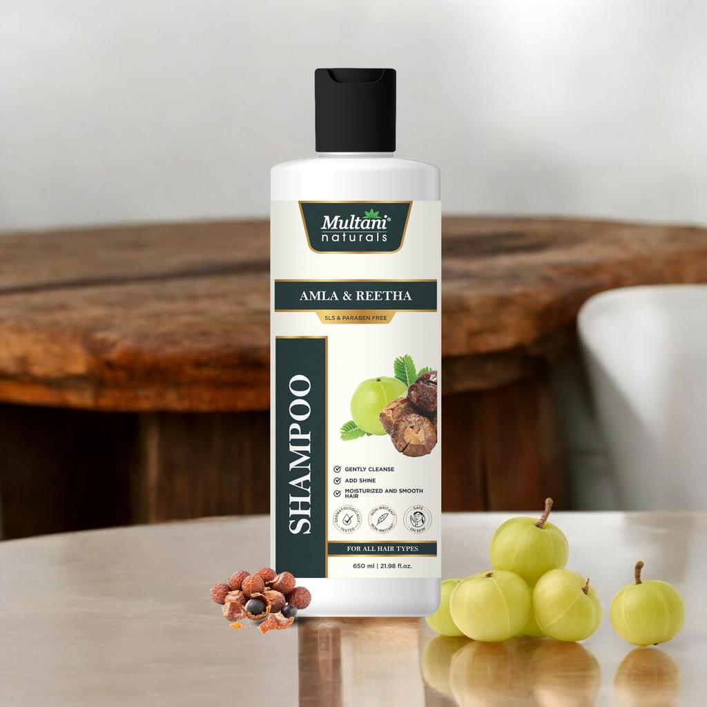 Multani Naturals Amla & Reetha Haarshampoo | Anti-Haarausfall Ayurvedisches Shampoo | Dermatologisch getestet | Geeignet für Alle Haare | 650 ml