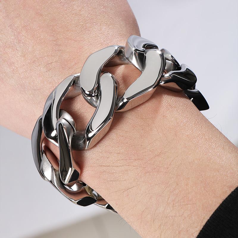 Domineering Flat Cuban Chain Bracelet Men‘s 30MM Chunky Stainless Steel Jewelry Shiny Exaggerated Rectangular Accessory
