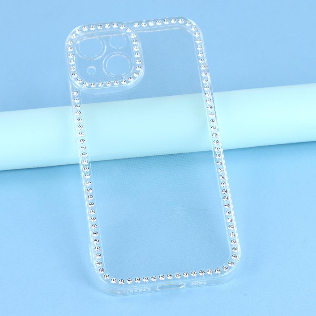 For iPhone 15 TPU Case Rhinestone Decor Clear Phone Back Cover,Precise Cutout