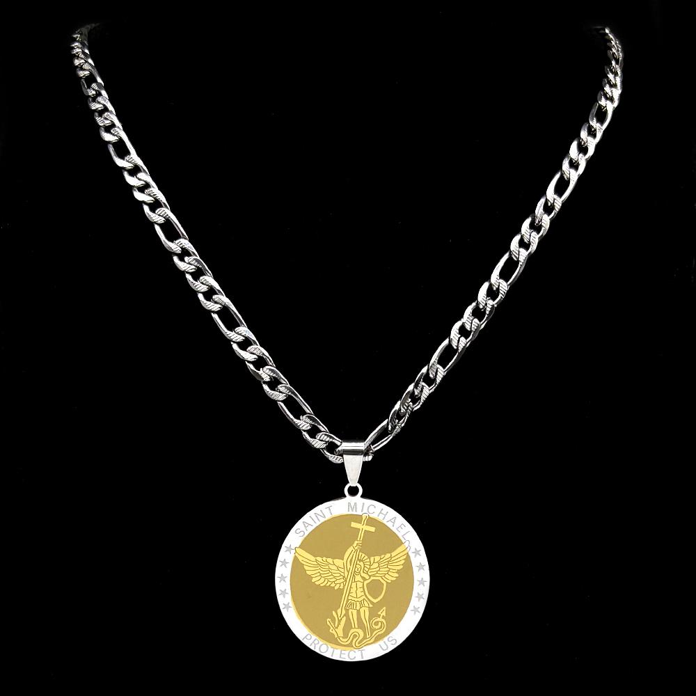 Archangel SAINT MICHAEL PROTECT US Round Pendant Necklace for Women Men Stainless Steel Gold Color Chtistian Chain Jewelry Gift