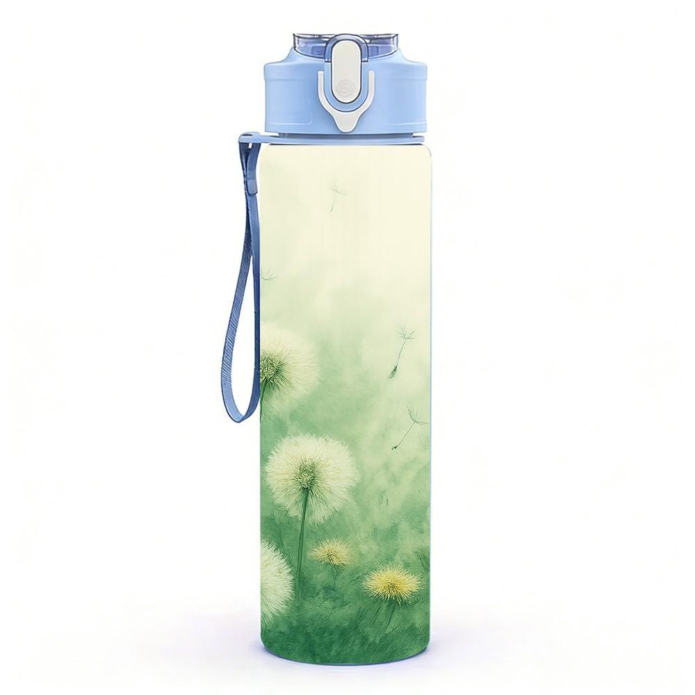 1PC Soft Green Misty Wild Floral Print 750ml Color Plastic Sports Water Bottle Leakproof Flip Straw Lid Suitable for Sports Office Home Use