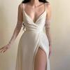 Fall Winter New Elegant Sexy V-neck Strap Slit Pleated Prom Dress for Women European American Crossbody