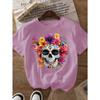 A581[Colorful Floral Skull Print Round Neck Short Sleeve T-Shirt]
