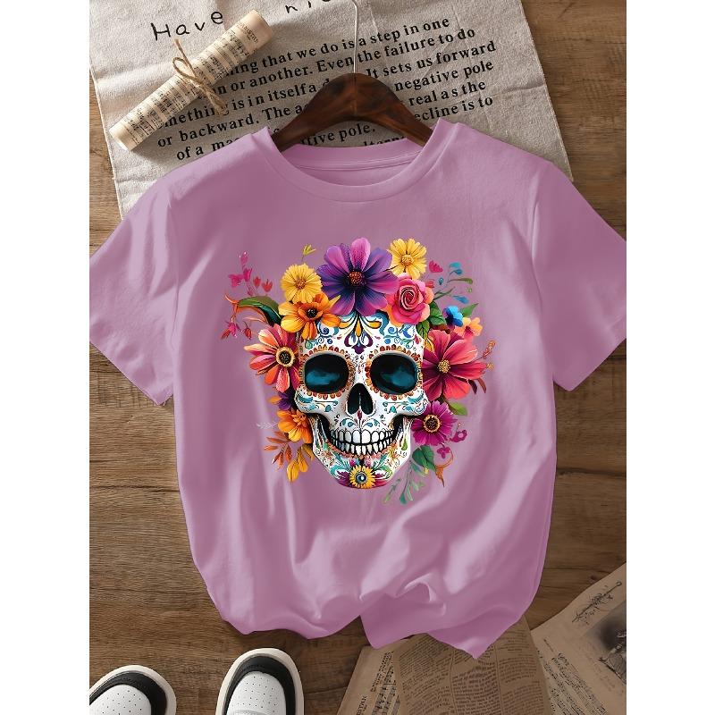 A581[Colorful Floral Skull Print Round Neck Short Sleeve T-Shirt]