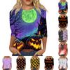 Women's Halloween Printed Three-Quarter Sleeve Round Neck Loose Fit Casual Shirt
