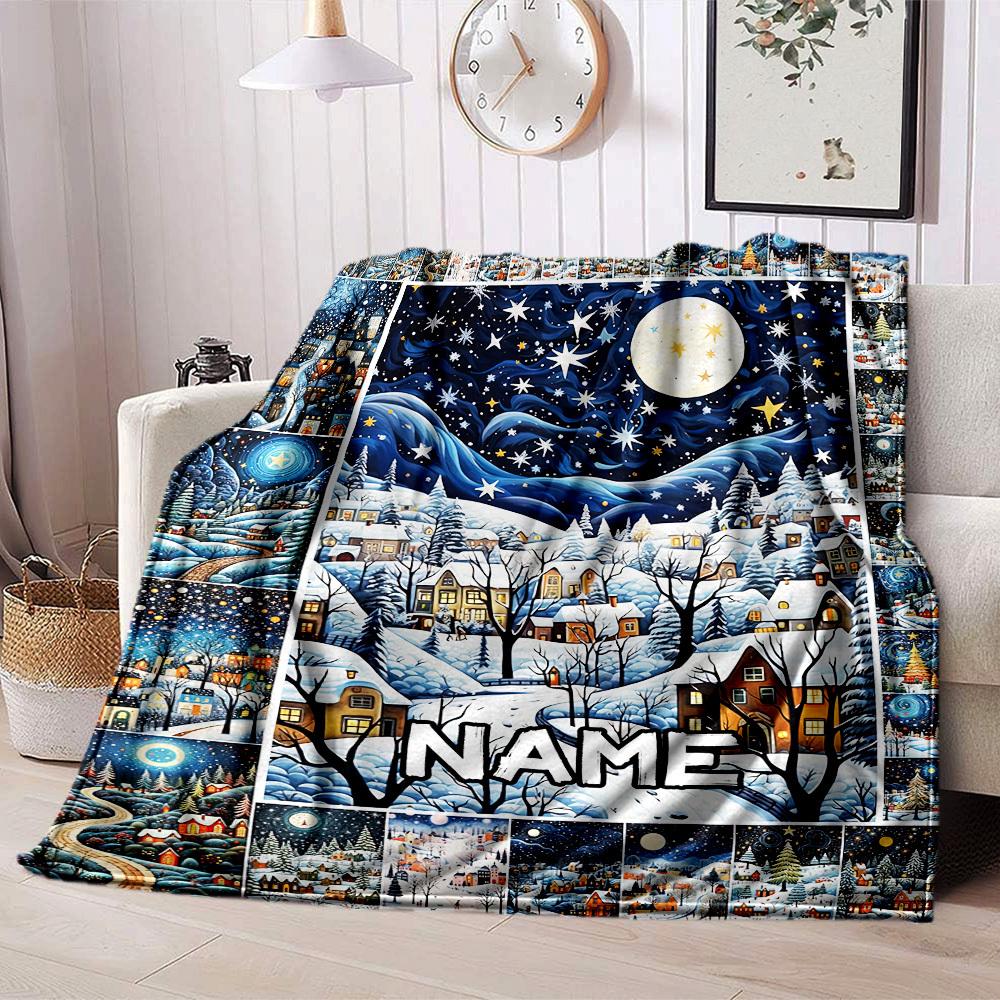 Winter Night Village Home Customize Your Name Blankets Cozy Soft Lightweight Allseason Multipurpose Blanket For Picnics Sofas Offices Beds Living