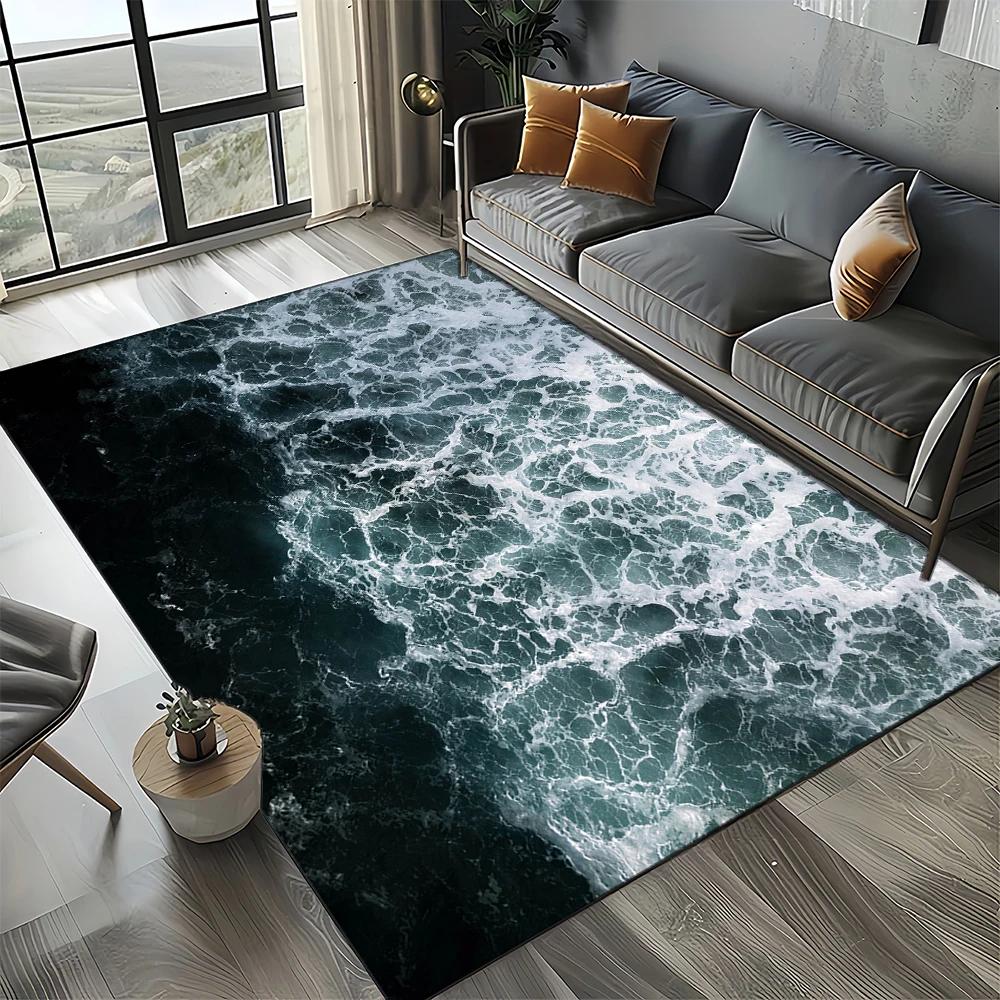 2025 New Style Blue Green Sea Wave Seawater Nature 3D Carpet Rug for Living Room Bedroom Home Sofa Decoration,Non-slip Floor Mat