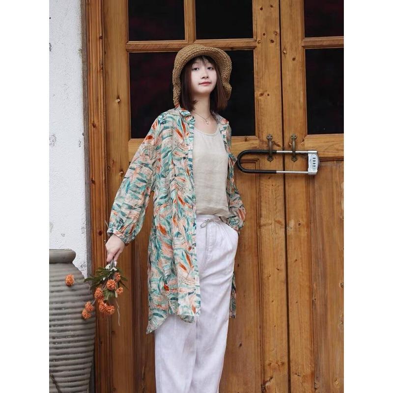 Women S Literary Retro Cotton Linen Floral Long Sleeve Loose Mid Length Shirt