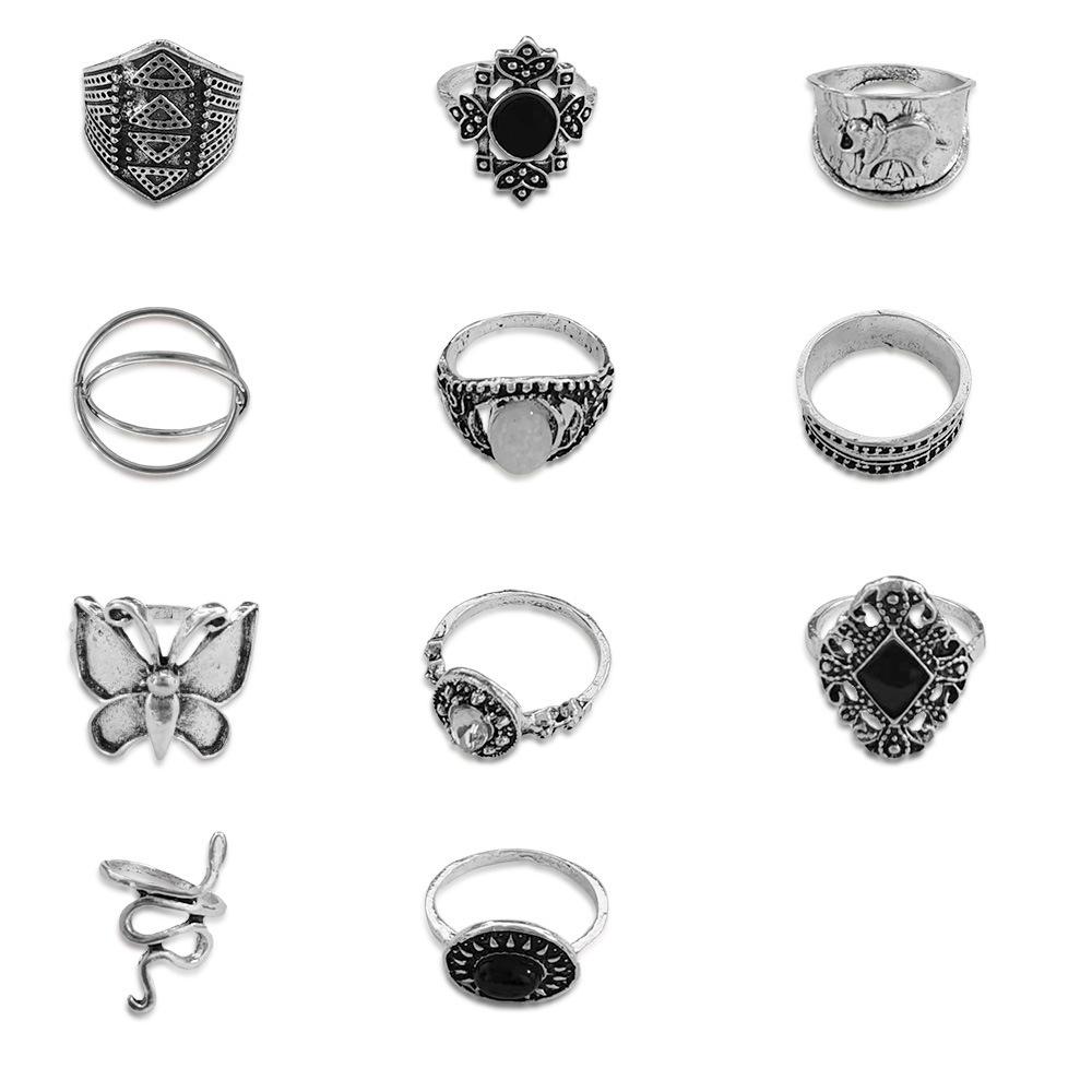 Combination Ring, Vintage Snake Butterfly Elephant Dot Diamond Cross 11 Piece Set Ring Jewelry