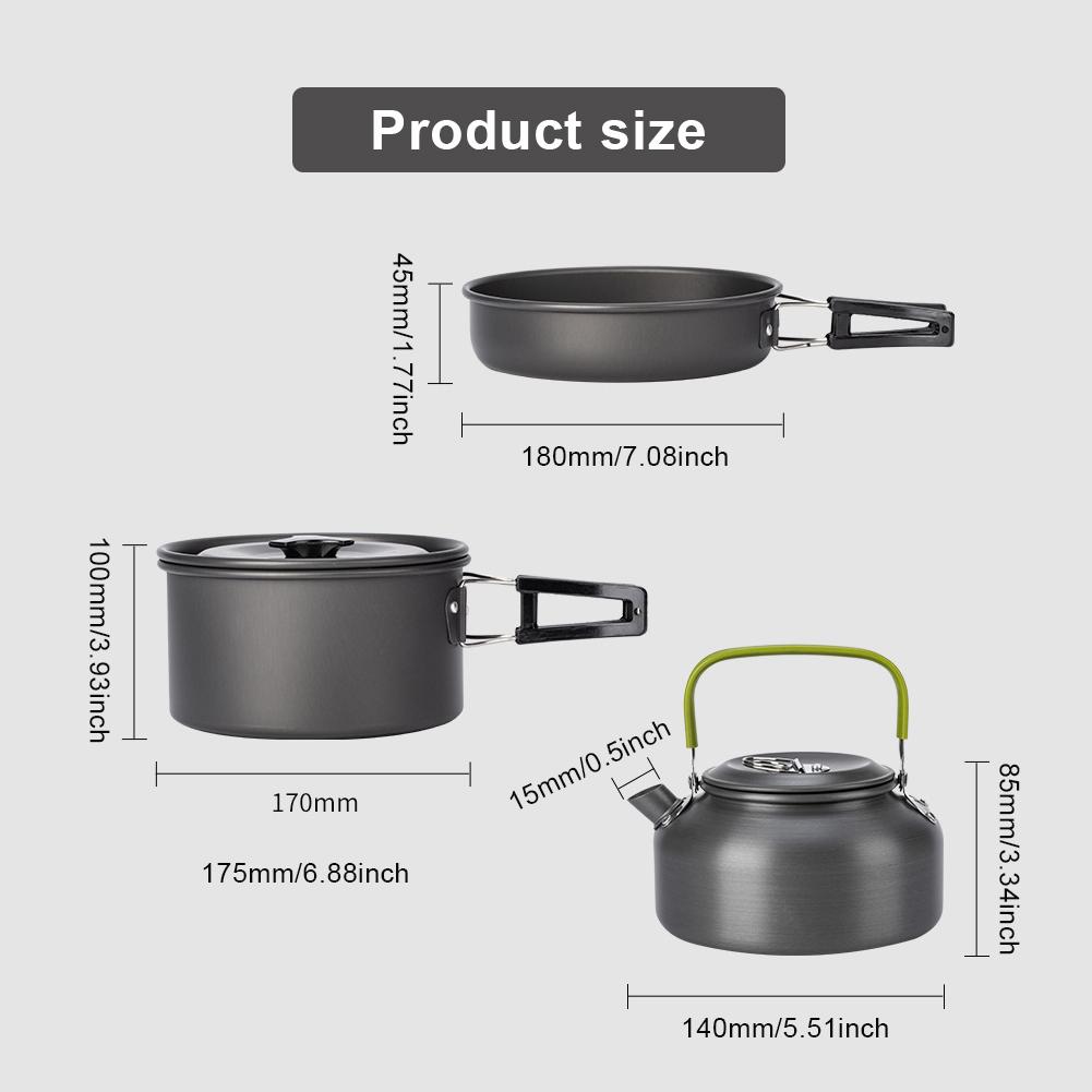3PCS Camping Cookware Set Pot Pan Kettle Outdoor Tableware Kit 2-3 Person with Mesh Bag for Backpacking Picnic Hiking