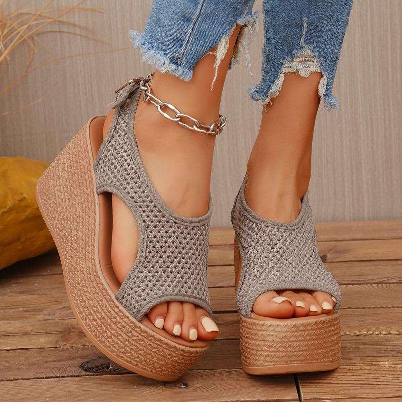Fashion Female Shoes On Sale 2025 Summer New Platform Women's Mesh Sandals Buckle Strap Wedges Breathable Sandals for Plus Size Casual