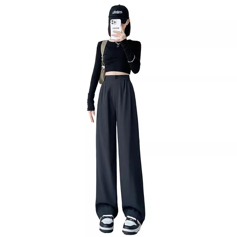 Women's High Waist Black Suit Pants - 2025 Summer Collection, Petite Wide Leg, Draped Straight Trousers
