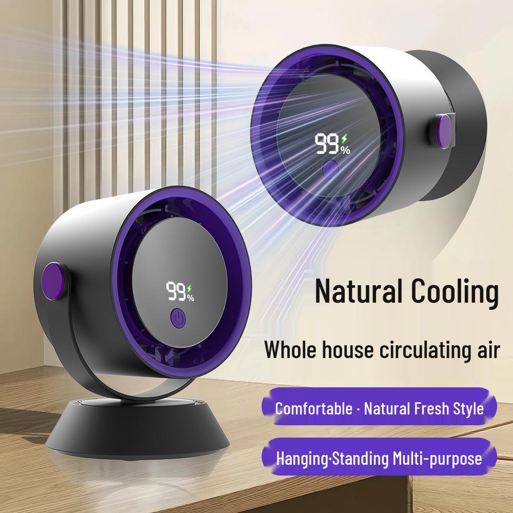 Compact Wall-Mounted Smart Fan with Digital Display, High-Speed Air Circulation, and Rechargeable Battery for Office and Home Use.