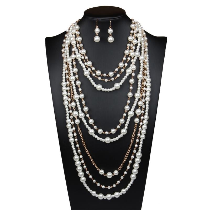 Elegant Multilayer Pearls Necklace and Earrings Set for Women Featuring Handmade Beading and Fashionable Designs