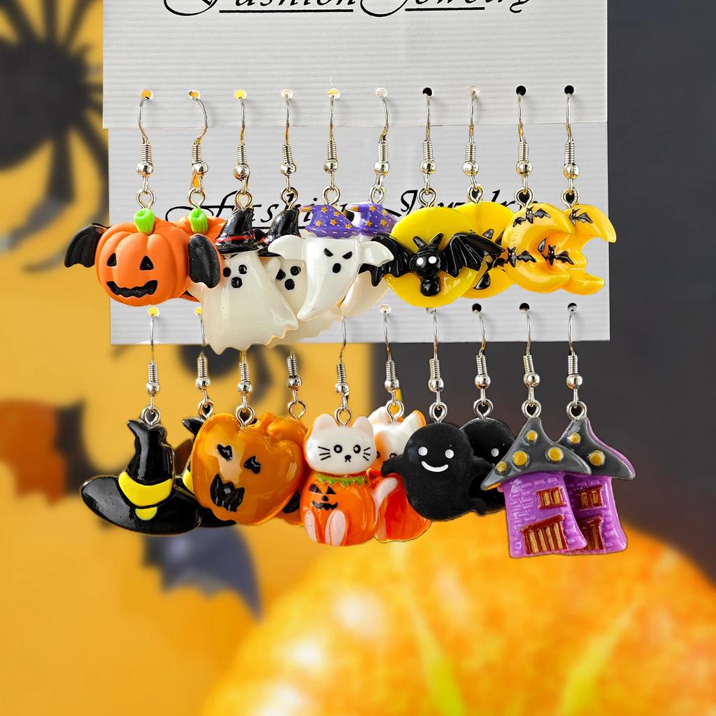 Neues Halloween Niedlich Lustig Kürbis Fledermaus Geist Schwarze Katze Spinne Hexenhut Harz Anhänger Ohrringe Halloween Geschenkset