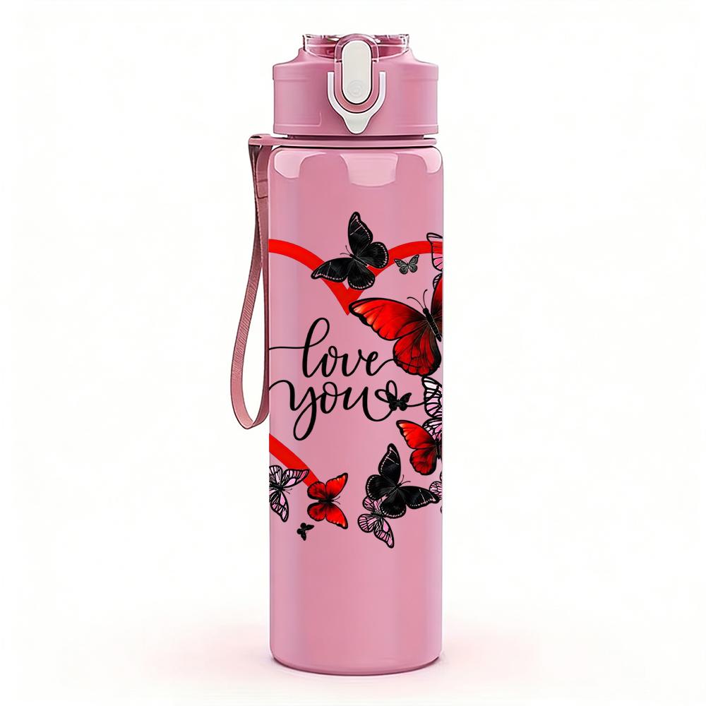 1PC Red Vine Butterfly Love Heart 750ml Color Plastic Sports Water Bottle Leakproof Flip Straw Lid Suitable for Sports Office Home Use