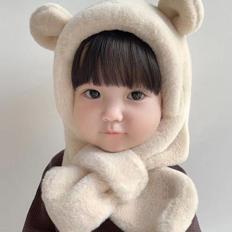 Winter-Babymütze, einteilig, Kunstpelz, Kindermütze, Kapuzenschal, Bärenohren, warme Hals-Ohrmütze für Mädchen und Jungen, winddichte Mützen, Säuglingsmütze