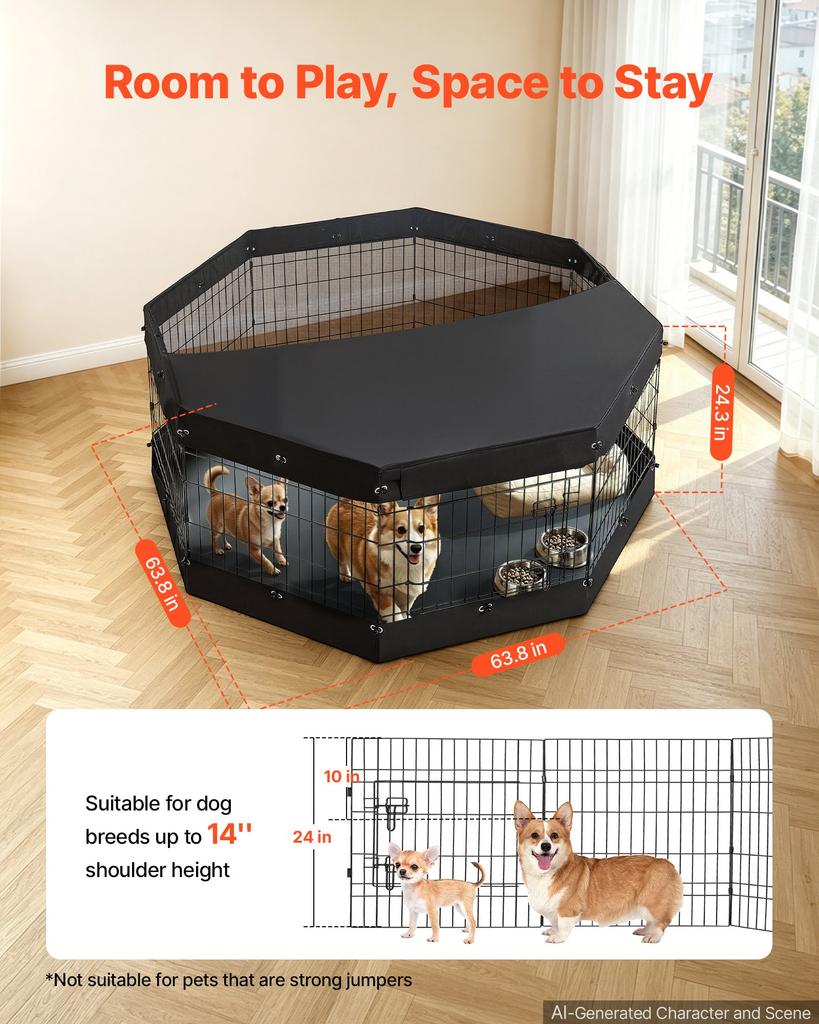 VEVOR Dog Playpen 61 Cm 8 Panels Exercise Pen with Top Cover & Bottom Pad, Indoor Foldable Metal Pet Fence with Door
