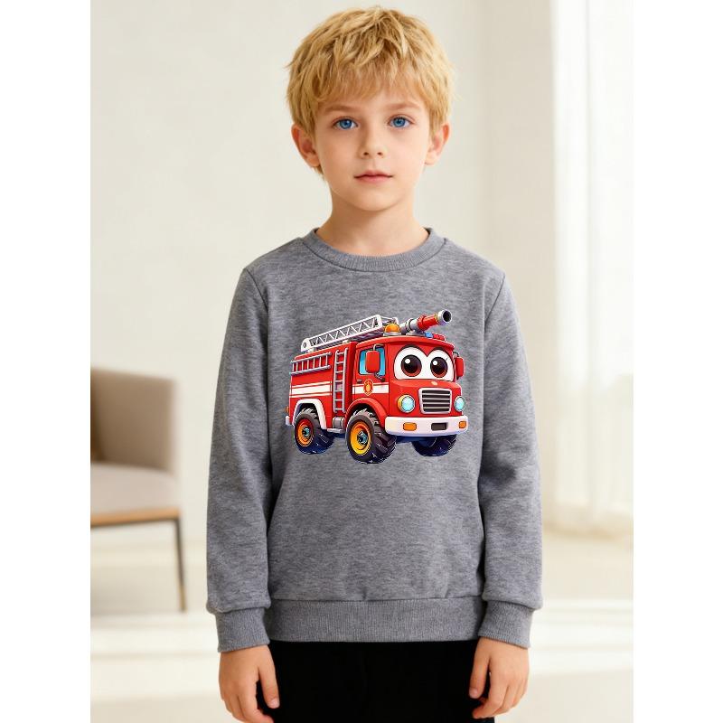 European sizes Kids' Stylish Sweatshirt, Round Neck Pullover , Featuring a Cartoon Fire Truck Print, Suitable for Casual Wear And Outdoor Activities