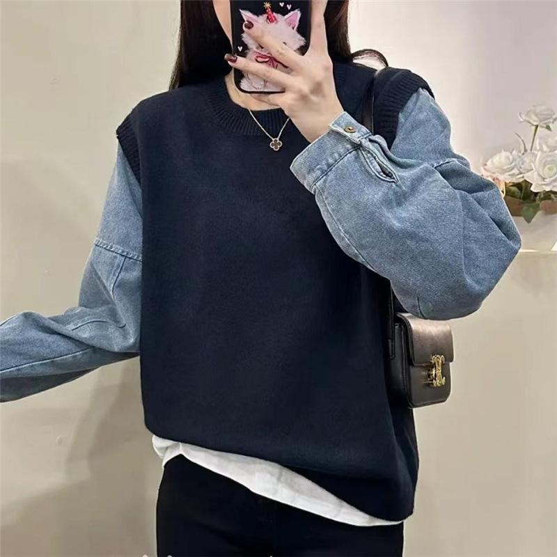 

Denim sleeve splicing fake two-piece sweater women s 2025 autumn and winter Korean new loose casual style knitted sweater top one size fits all Темно-синій