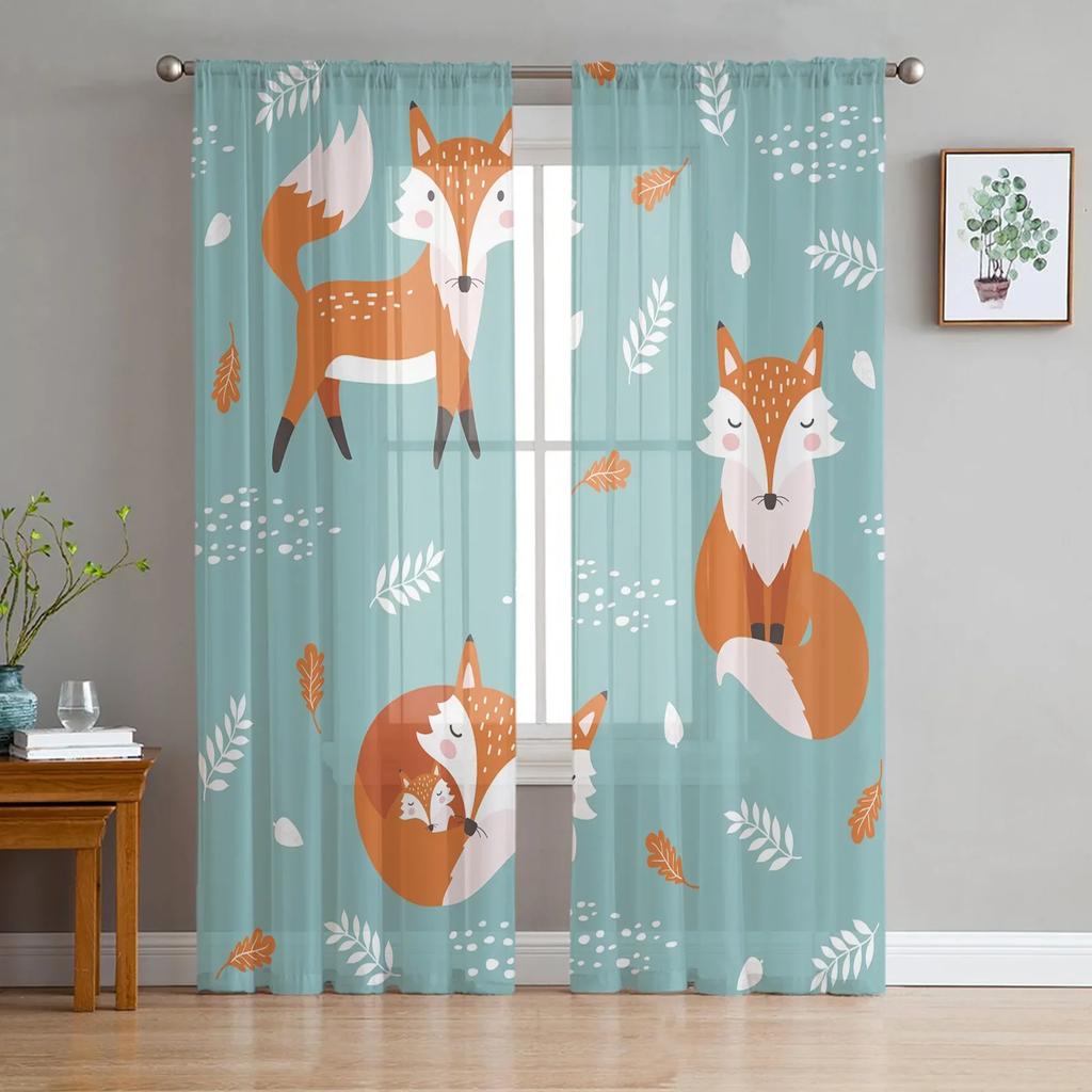 Cartoon Animal Fox Orange Color Blue Leaves Tulle Sheer Window Curtains for Living Room Bedroom Modern Voile Silk-like Fabric Drapes Drapes