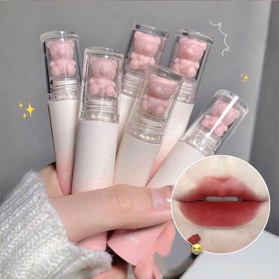 1PC 2023 Bear Velvet Lipstick Cute Lip Glaze Girl Pure Desire Casual Look Chestnut Red-brown Lip Mud Korean Makeup Girl Lipstick New