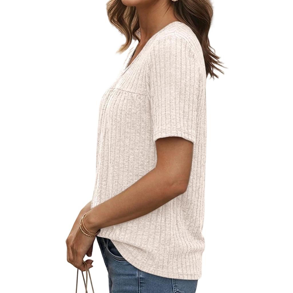 Women's Summer New Short-Sleeve V-Neck T-Shirt Loose Casual Pleated Top