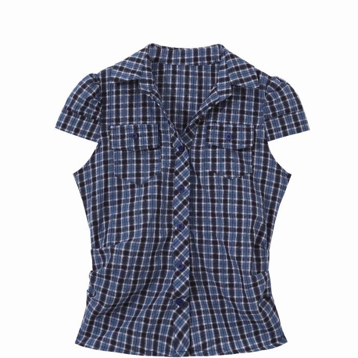 

Women s Blue Plaid Polo Collar Short Sleeve Crop Top - Summer 2026 American Style M