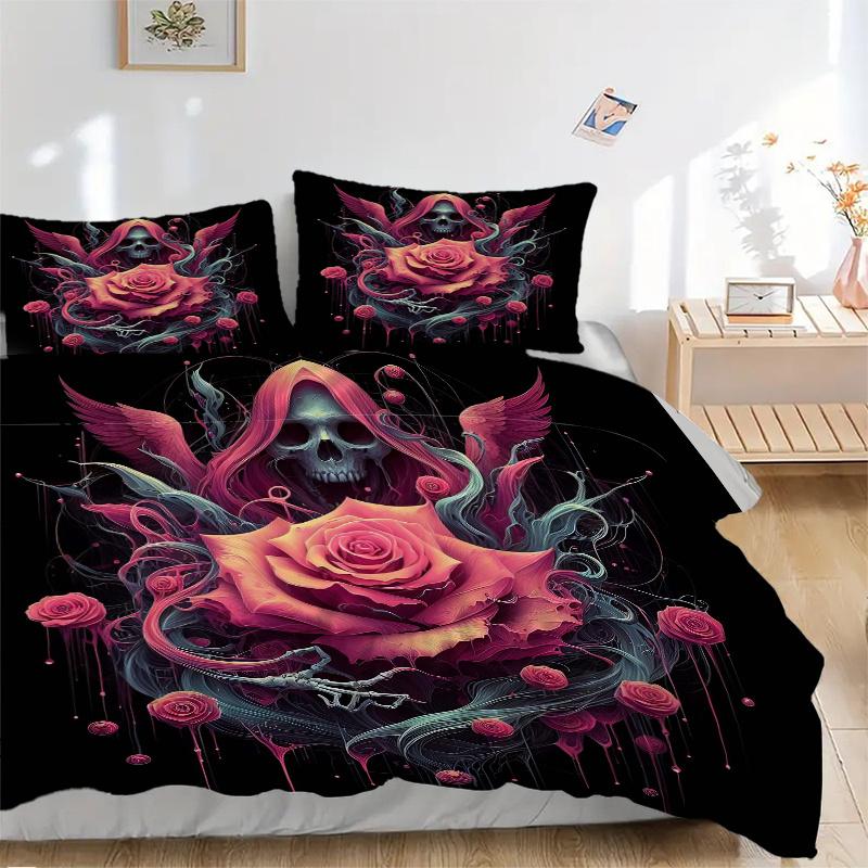 3pcs Gothic Rose Printed Quilt Set - Includes 1 Quilt Cover and 2 Pillowcases, Machine Washable - Suitable for All Seasons.W054