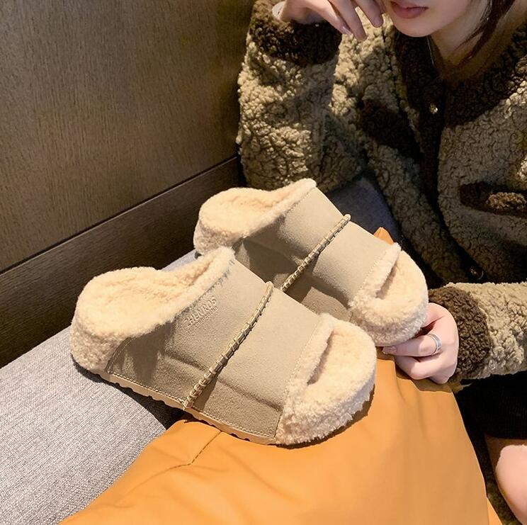 Shevalues Fuzzy Slippers Women Cork Footbed Fluffy Slide Sandals Open Toe Indoor House Shoes with Arch Support Adjustable Buckle