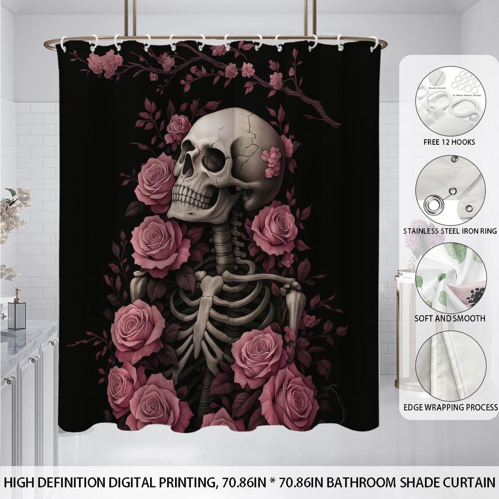 1Pc Halloween Skeleton Flower Print Waterproof Shower Curtain Privacy Hanging Curtain 12 Hook Multiple Sizes Machine Washable