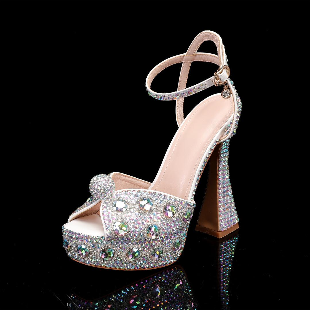 

Новые женские туфли на высоком каблуке с рыбьим ртом, толстые каблуки 14 см, водяные бриллианты, жемчуг, одинарные туфли, модные банкетные свадебные туфли 36