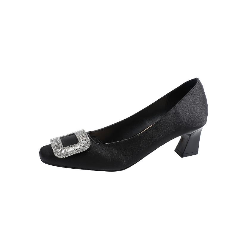 Rhinestone shallow middle heel shoes women's autumn thick heel square head high heels suede square buckle single shoes air cotton lining