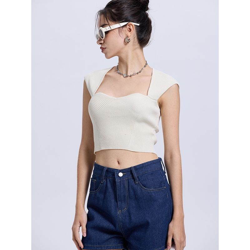 Za2025 Summer New Women clothes Solid Simple Elegant All-Match Heart-Shaped Collar Sleeveless Rib Simple T-shirt Top