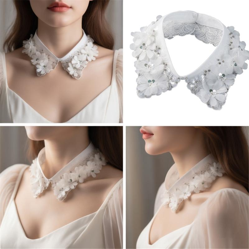 Lace Flower Detachable Collar With Beadwork Sequined Elegant Faux Collar Neck Accessory For Women Girl Daily Outfit