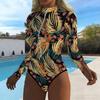 Women Long Sleeve One Piece Swimsuit Zip Front Ink and Wash Flowers Print Rash Guard Surfing Bathing Suit